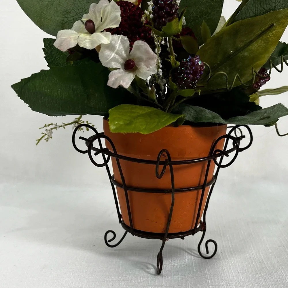 Faux Raspberry Potted Plant in Terra Cotta Pot with Decorative Wire Basket NWOT